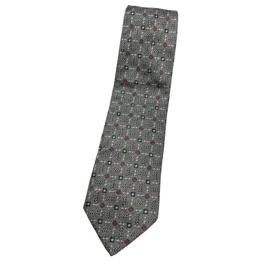BYBLOS Men's 100% Silk Necktie LUXURY Tie Gray Geometric W:3.6" EUC